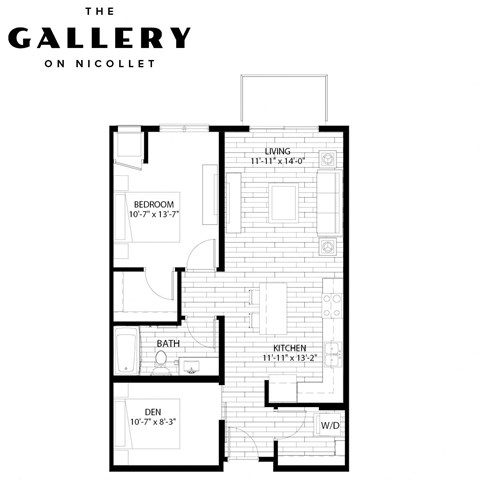 Floor plan for 1 bed, 1 bath, 962 sqft